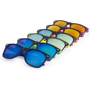 A collection of Gredel sunglasses in various colours, featuring blue, pink, orange, and yellow lenses. Each pair has a logo.