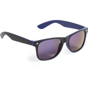Sunglasses with black frames and dark purple lenses, featuring a small logo on the side.