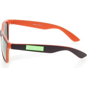Orange and black sunglasses with a green logo on the side, ideal for leisure and outdoor activities.