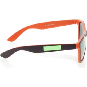Orange sunglasses with a black frame and a green accent, featuring a logo on the side.