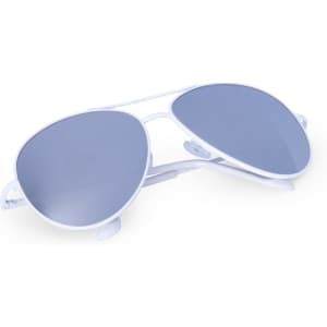 White sunglasses with blue lenses, featuring a sleek design and a logo on the frame.