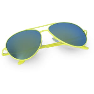 Bright yellow sunglasses with blue mirrored lenses and a sleek design, featuring a branding logo.