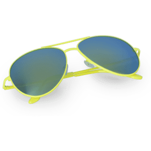 Neon yellow sunglasses with reflective blue lenses, featuring a sleek aviator design and a logo.