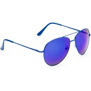 A pair of blue sunglasses with mirrored purple lenses and a sleek metal frame, featuring a logo on the side.