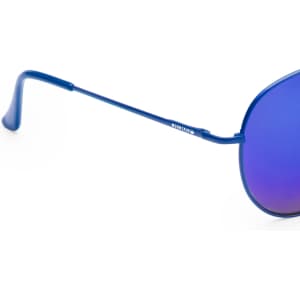 A pair of sunglasses with blue-tinted lenses and a sleek blue frame, featuring a logo on the arm.
