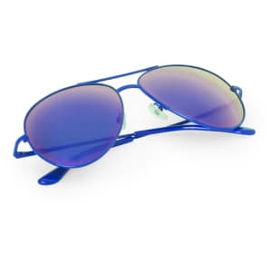Blue sunglasses with reflective lenses and a metallic frame, featuring a branding logo.
