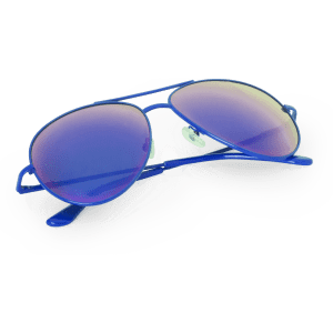 A pair of blue sunglasses with reflective lenses and a sleek design, featuring a logo on the frame.
