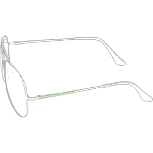 A pair of sunglasses with a sleek design and green detailing on the frames. The sunglasses have a metallic finish.