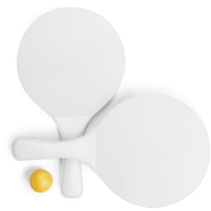 Two white beach rackets with a yellow ball, featuring simple design and a smooth surface.