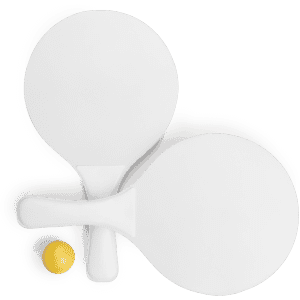 A pair of white beach rackets with a yellow ball, featuring a small logo on one racket.