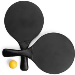 Two black beach rackets with a small yellow ball in between, featuring a simple design.