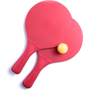 Two red beach rackets with yellow balls positioned on a white background. The image includes a logo.