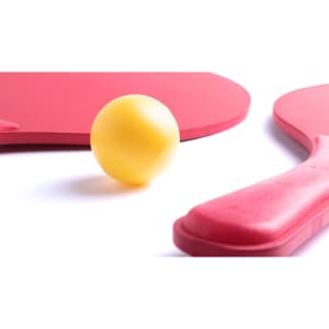 Two red rackets and a yellow ball arranged on a white background, featuring a logo on one racket.