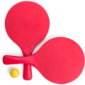 Two red beach rackets and a yellow ball, featuring smooth surfaces and sturdy handles, arranged together.