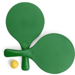 A pair of green beach rackets and a yellow ball, featuring a simplistic design and a branding logo.