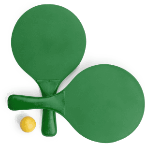 Two green beach rackets with a yellow ball beside them. The rackets have a smooth finish and a simple design.