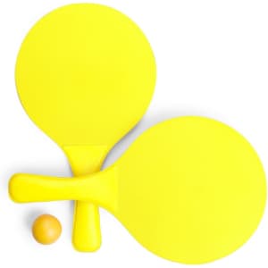 Two bright yellow beach rackets and a small orange ball, with a simple handle design.