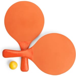 A pair of orange beach rackets with a yellow ball positioned between them. The rackets have a simple design and a smooth finish.