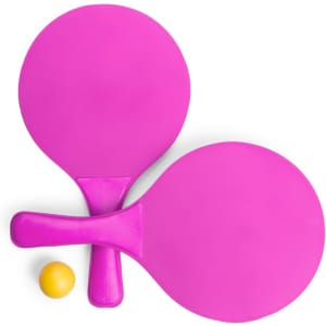 Two pink beach rackets and a yellow ball, arranged side by side on a white background.