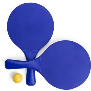 Two blue beach rackets and a yellow ball, featuring a simple design and a grip handle.