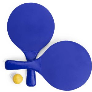Blue beach rackets with yellow ball, featuring a smooth surface and ergonomic handles. Includes two paddles.