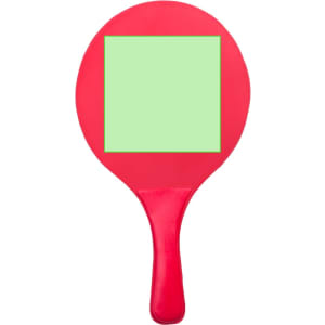 A red beach racket with a square green hitting surface, featuring a handle. Suitable for outdoor leisure activities.