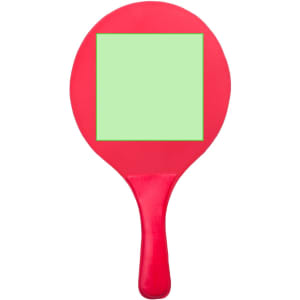 A red beach racket with a green hitting surface and a handle, suitable for outdoor leisure activities.