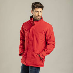 A red puffer jacket with a high collar and two front pockets, worn by a model against a neutral background.