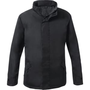 A black puffer jacket with a high collar and side pockets, featuring a simple design and a logo.