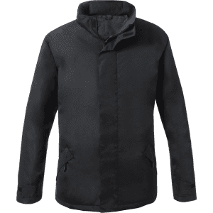A black puffer jacket featuring a collar and zipped front, with side pockets and a discreet logo.