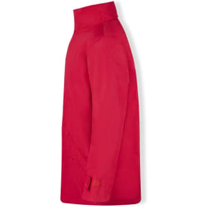 A red puffer jacket with a high collar, featuring a logo on the side.