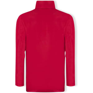 A bright red puffer jacket with long sleeves and a high collar, featuring a logo on the back.