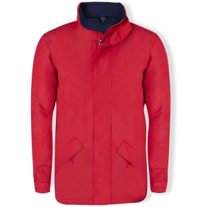 A red puffer jacket with a navy collar, featuring two front pockets and a zip closure. Includes a logo.