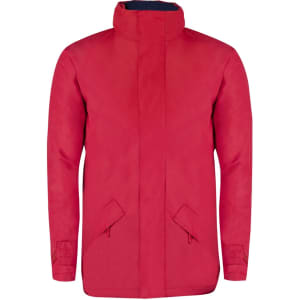 A red puffer jacket with a high collar and two front pockets. It features a logo on one side.