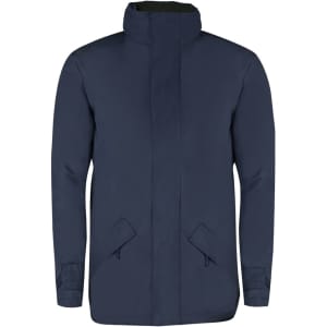 A navy blue puffer jacket with a high collar and side pockets, featuring a logo on the design.