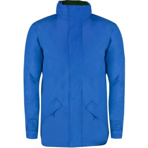 A blue puffer jacket with a high collar, featuring two front pockets and a simple design.