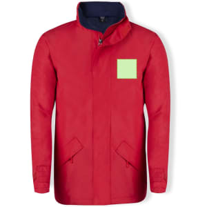 A red puffer jacket with a zip, featuring a green patch pocket and two front pockets. It has a high collar.