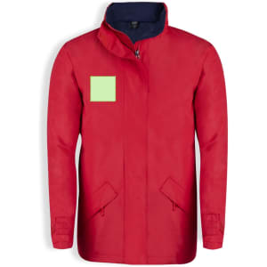 A red puffer jacket with a navy collar and a square patch on the front. It features side pockets and a zip closure.