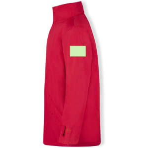 A red puffer jacket featuring a high collar and a green patch on the side. It has a sleek, elongated design.
