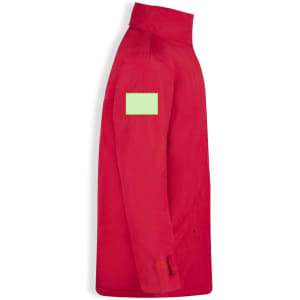 A red puffer jacket with a high collar and a plain patch on the sleeve.