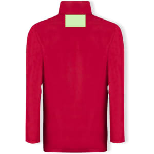 A red puffer jacket featuring a back view with a green patch and long sleeves. It has a logo on the design.