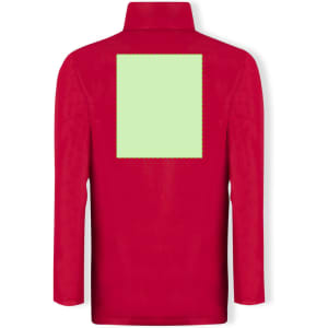 A red puffer jacket with long sleeves and a square area in a light green colour on the back. It features a logo.