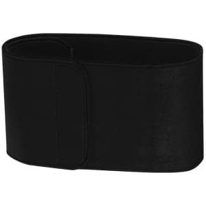 A black back support belt with a Velcro closure and smooth texture, designed for comfort and support.