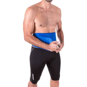 A man wearing a blue back support belt over black fitted shorts. The belt features stitching and a logo.