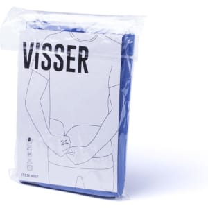 A blue back support belt packaged in clear plastic, featuring an illustration of a person wearing it.