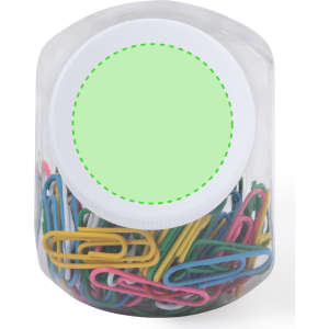 A container filled with colourful paper clips in various shapes, featuring a white lid and a blank space for branding.