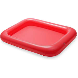 A rectangular red inflatable table with rounded edges, featuring a small valve for inflation.