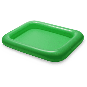 A green inflatable table with a rectangular shape and raised edges. It has an integrated branding logo.