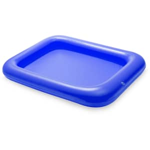 A blue inflatable table with a rectangular shape and rounded edges, featuring a logo.