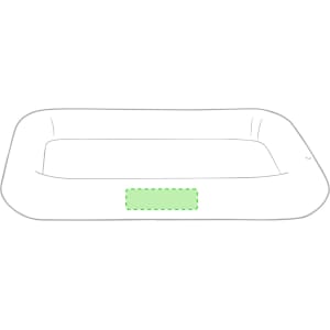 A rectangular inflatable table in green with a smooth surface and rounded edges, featuring a logo on one side.